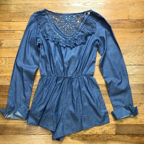 BLUE CROCHET BACK SURPLICE ROMPER - Picture 3 of 7